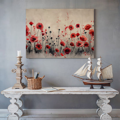 Tablou Canvas camp vibrant de maci rosii sub cer senin | The Print Studio