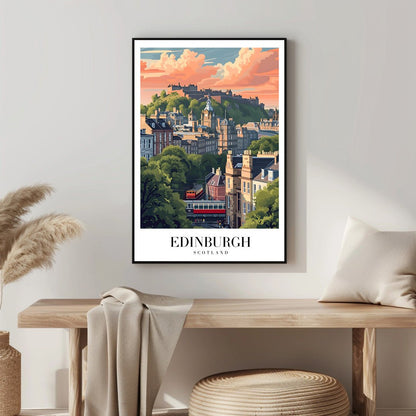 Tablou Canvas Print oras Edinburgh la apus, cladiri si nori, stil ilustrativ