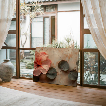 Tablou Canvas hibiscus roz si frunze verzi pe fundal rustic | The Print Studio