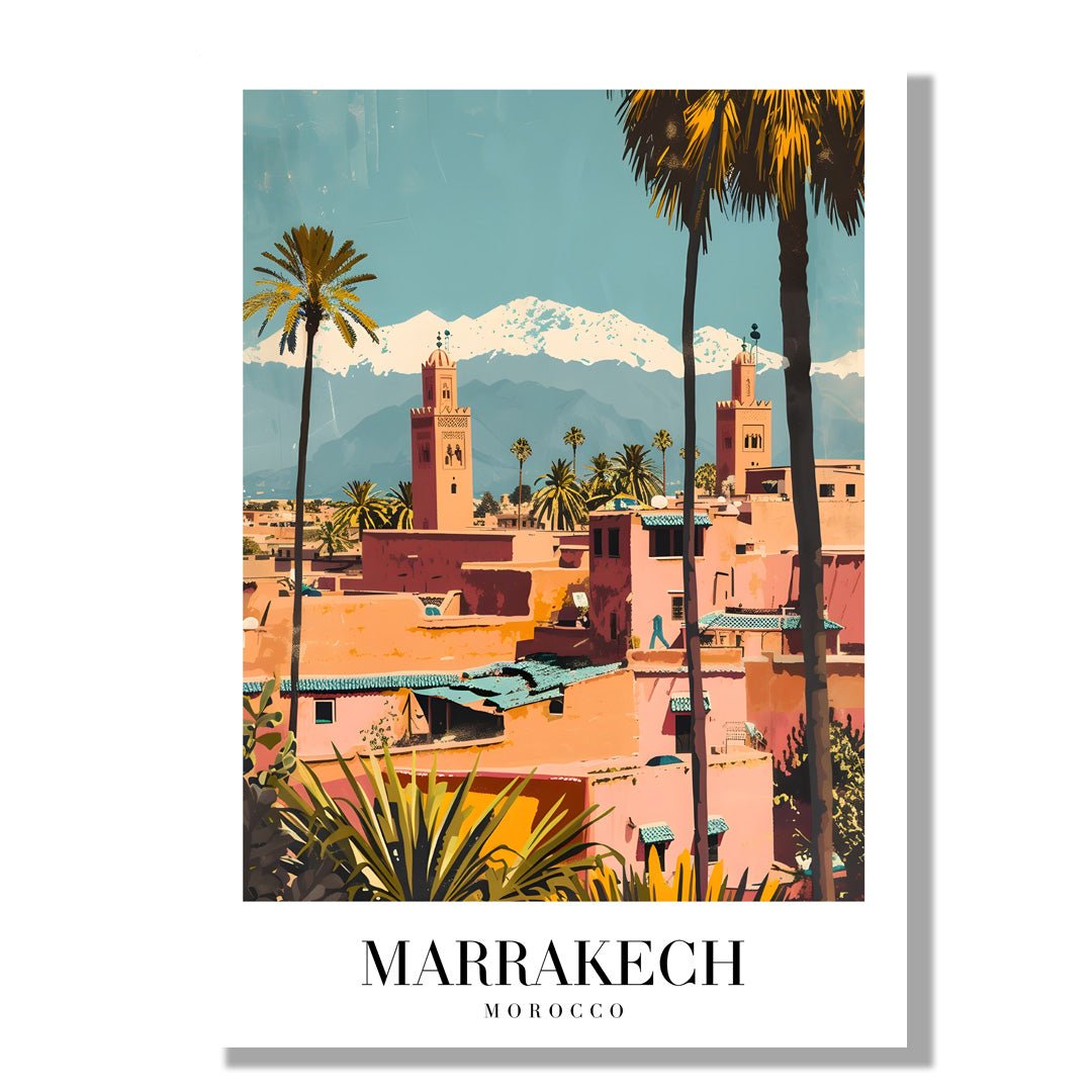 Tablou Canvas Print Marrakech apus vibrant palmieri stil ilustrativ
