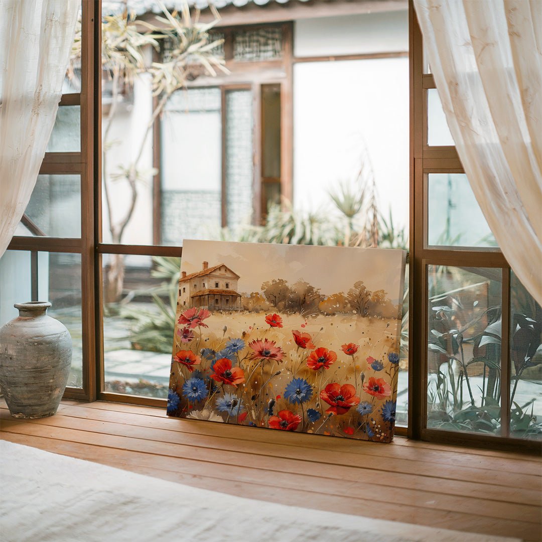 Tablou Canvas casuta rustica inconjurata de flori campestre | The Print Studio