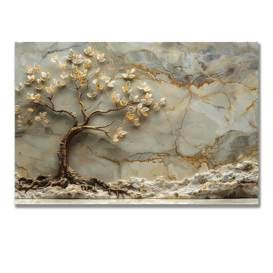 Tablou Canvas copac cu frunze aurii pe fundal de marmura | The Print Studio