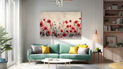 Tablou Canvas camp vibrant de maci rosii sub cer senin | The Print Studio