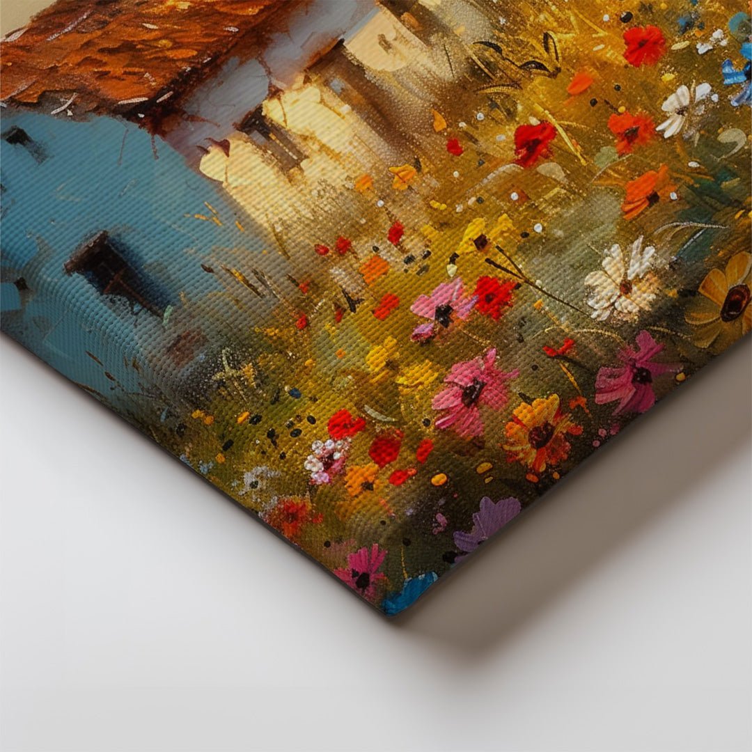 Tablou Canvas casuta rustica si camp de flori in lumina apusului | The Print Studio