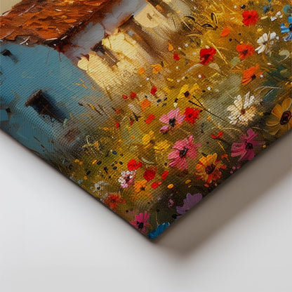 Tablou Canvas casuta rustica si camp de flori in lumina apusului | The Print Studio
