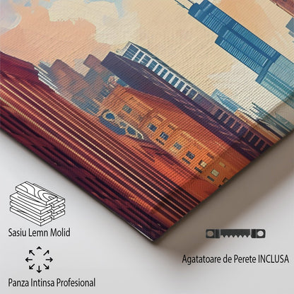 Tablou Canvas Print Chicago strazi aglomerate si cer senin, stil ilustratie vibranta