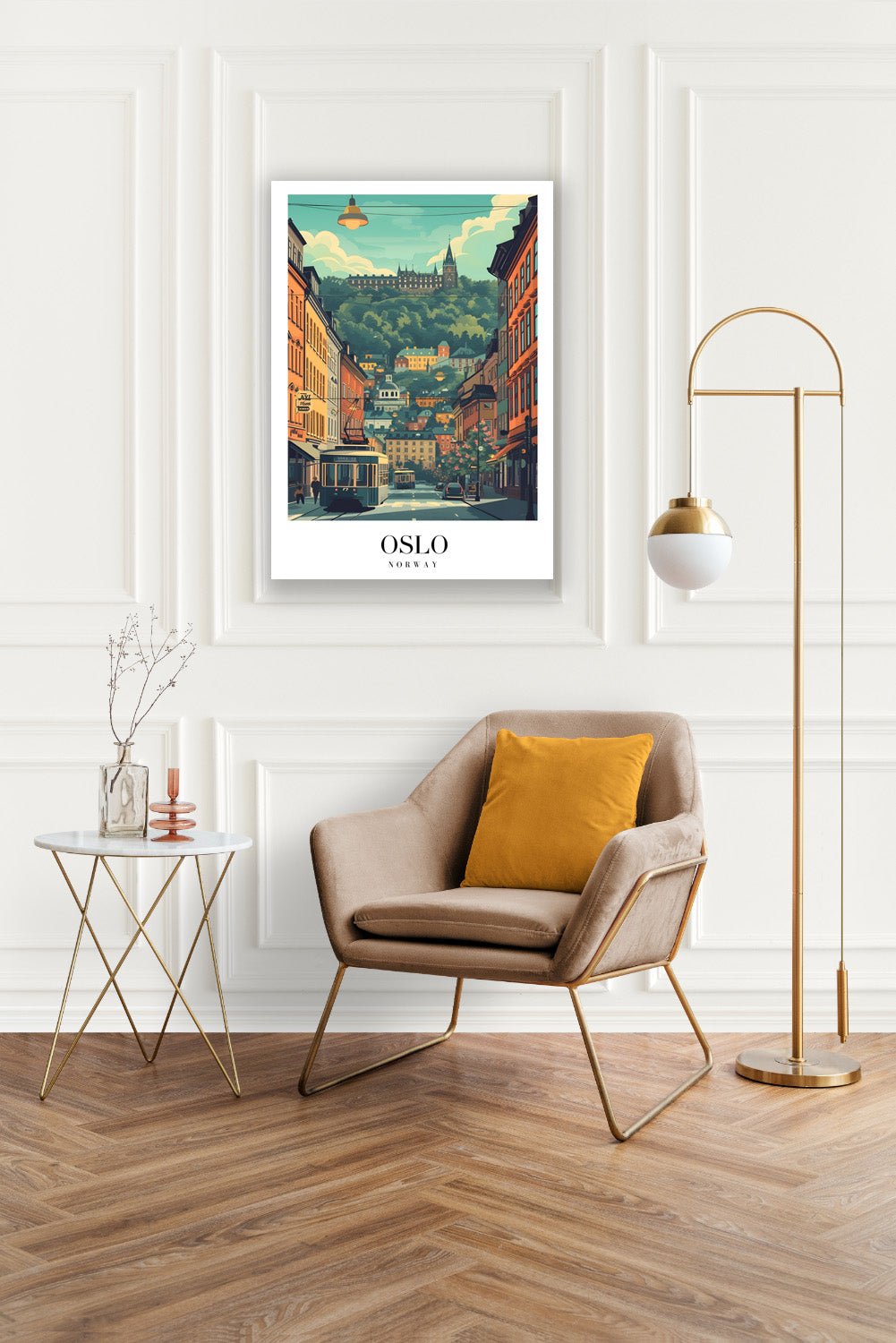 Tablou Canvas tramvai Oslo retro pe dealuri pitoresti | The Print Studio