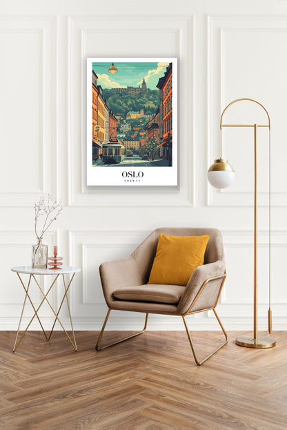 Tablou Canvas tramvai Oslo retro pe dealuri pitoresti | The Print Studio