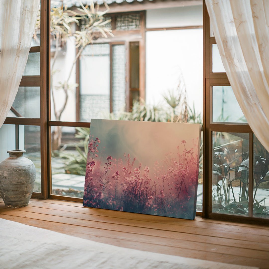 Tablou Canvas camp pastel cu flori roz sub cer senin | The Print Studio