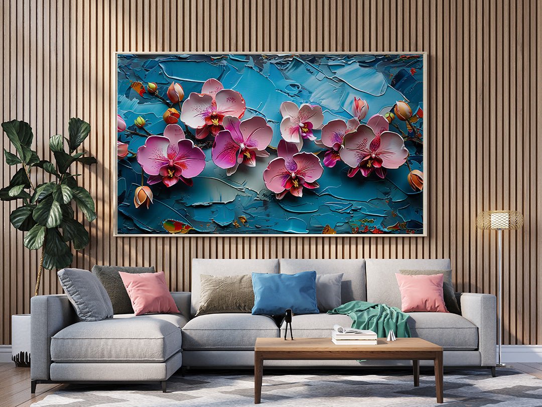 Tablou Canvas orhidee roz pe fundal albastru texturat | The Print Studio