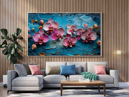 Tablou Canvas orhidee roz pe fundal albastru texturat | The Print Studio