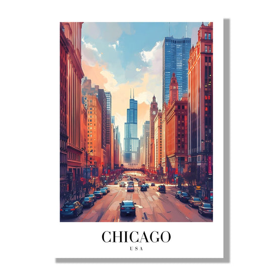 Tablou Canvas Print Chicago strazi aglomerate si cer senin, stil ilustratie vibranta