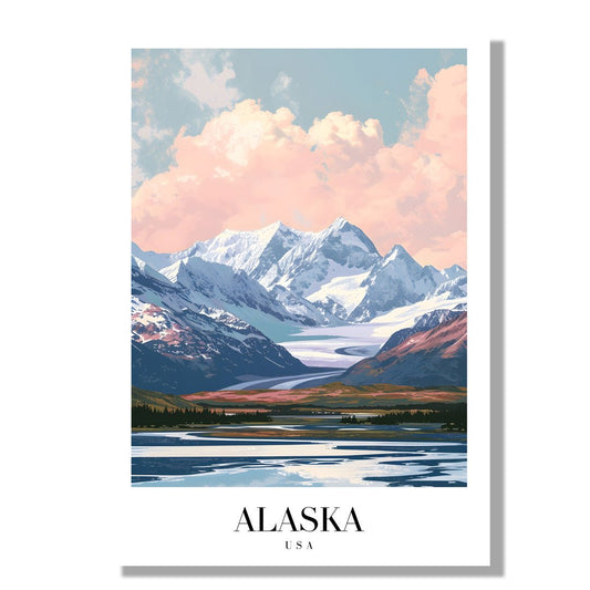 Tablou Canvas Print munti inalti Alaska cer roz stil ilustrativ