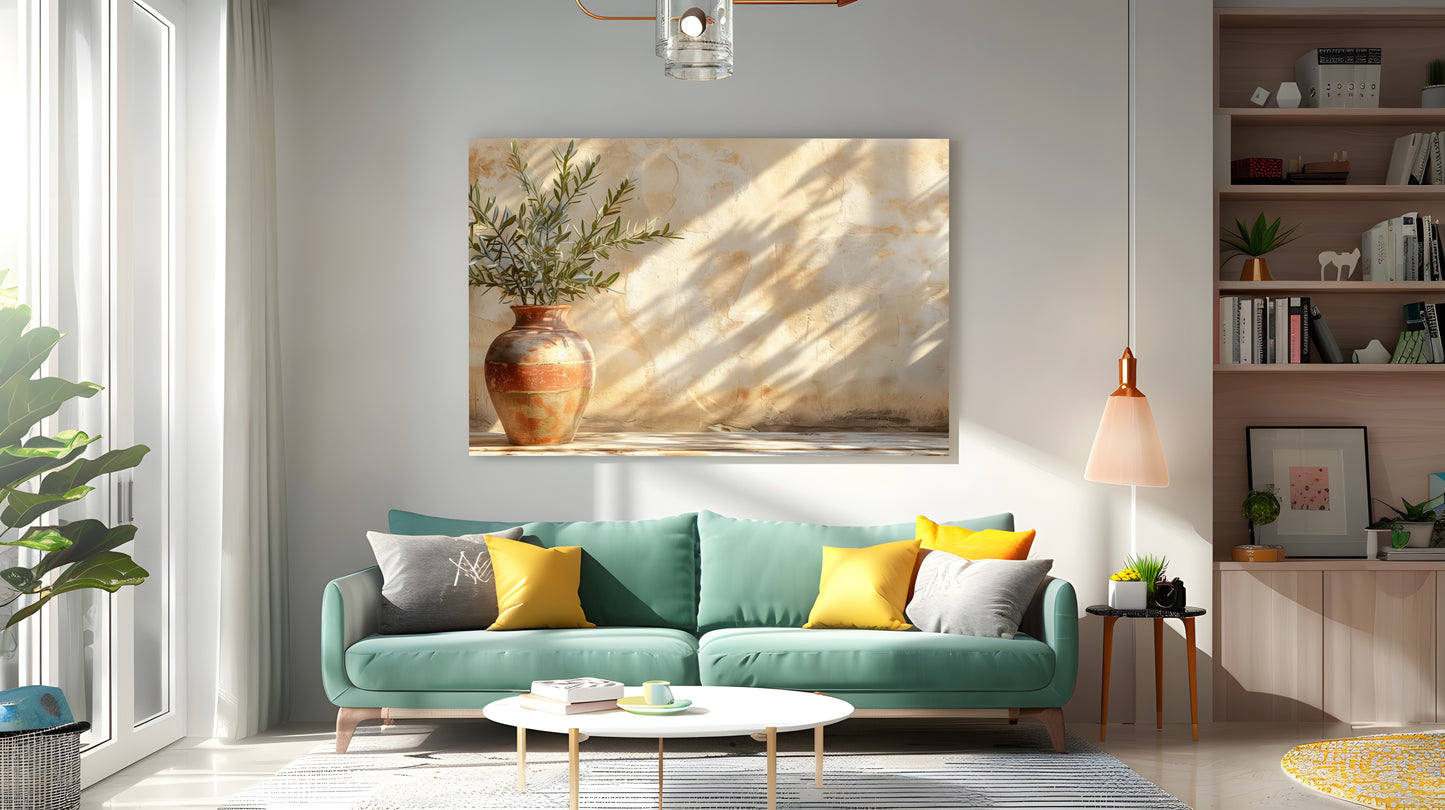 Tablou Canvas vas ceramic si umbra frunze maslin realist | The Print Studio