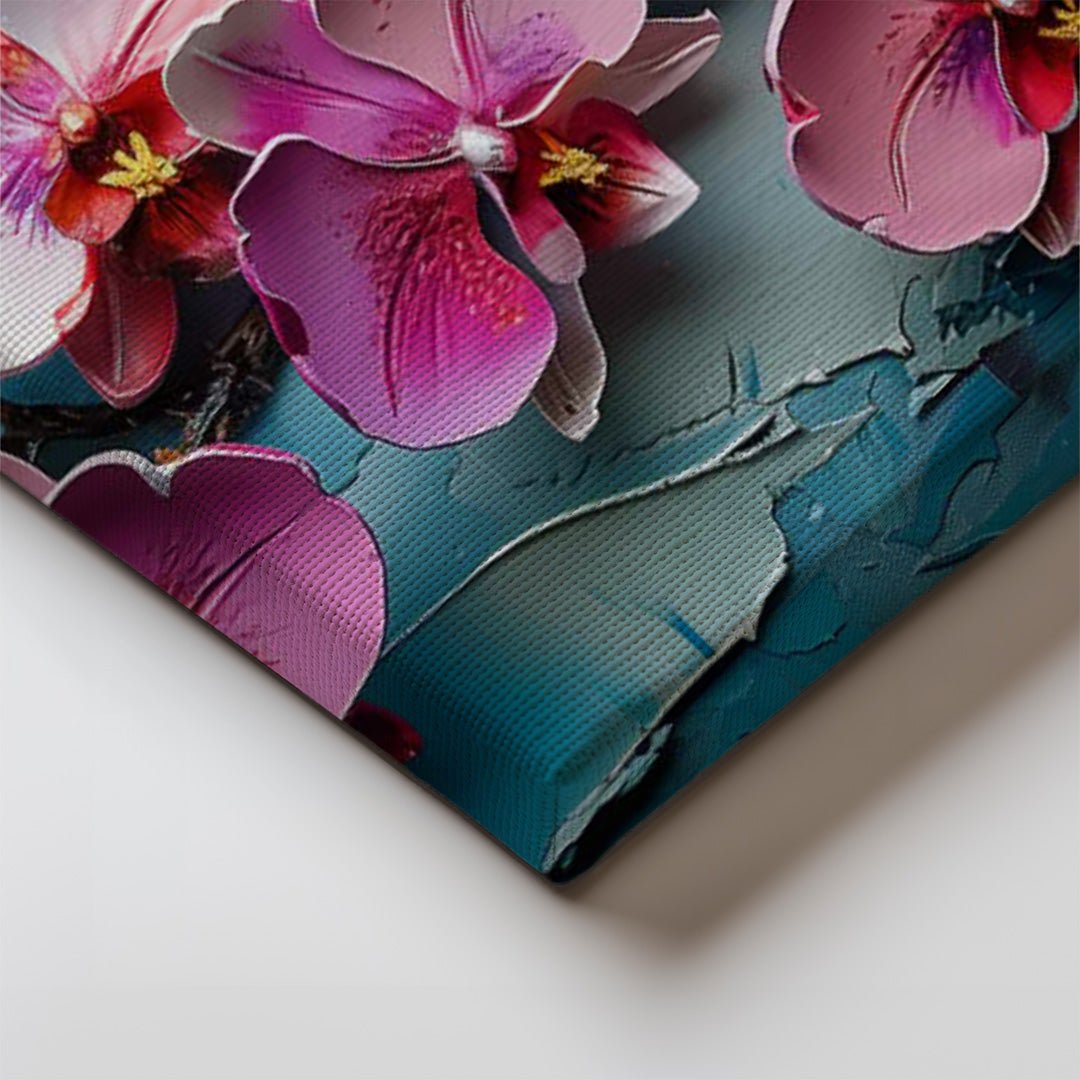 Tablou Canvas orhidee roz pe fundal albastru texturat | The Print Studio