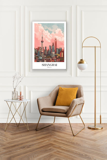 Tablou Canvas Shanghai zgarie-nori sub cerul roz ilustrativ | The Print Studio