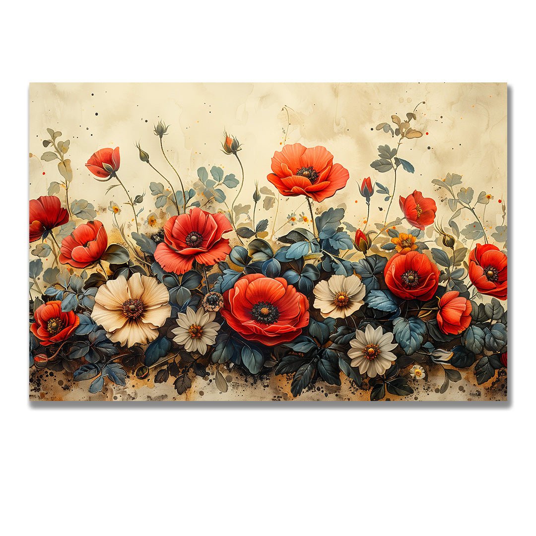 Tablou Canvas maci rosii si albe vintage in natura | The Print Studio