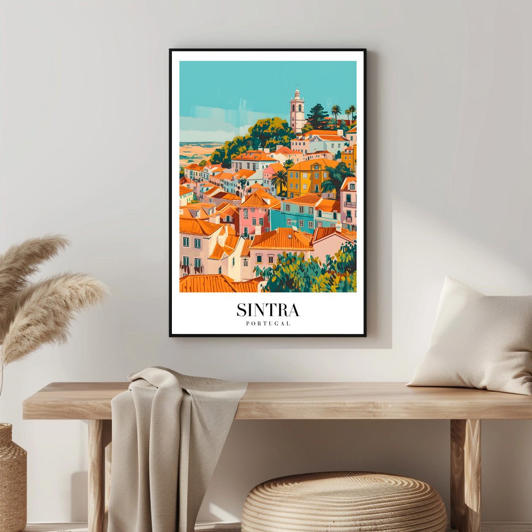 Tablou Canvas Print Sintra: case colorate si turn, stil artistic vibrant
