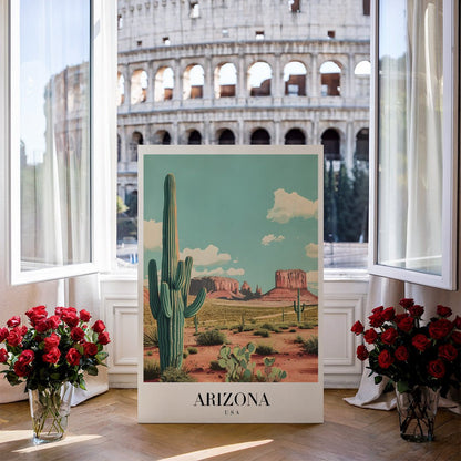 Tablou Canvas desert Arizona cu cactusi sub cer senin retro | The Print Studio