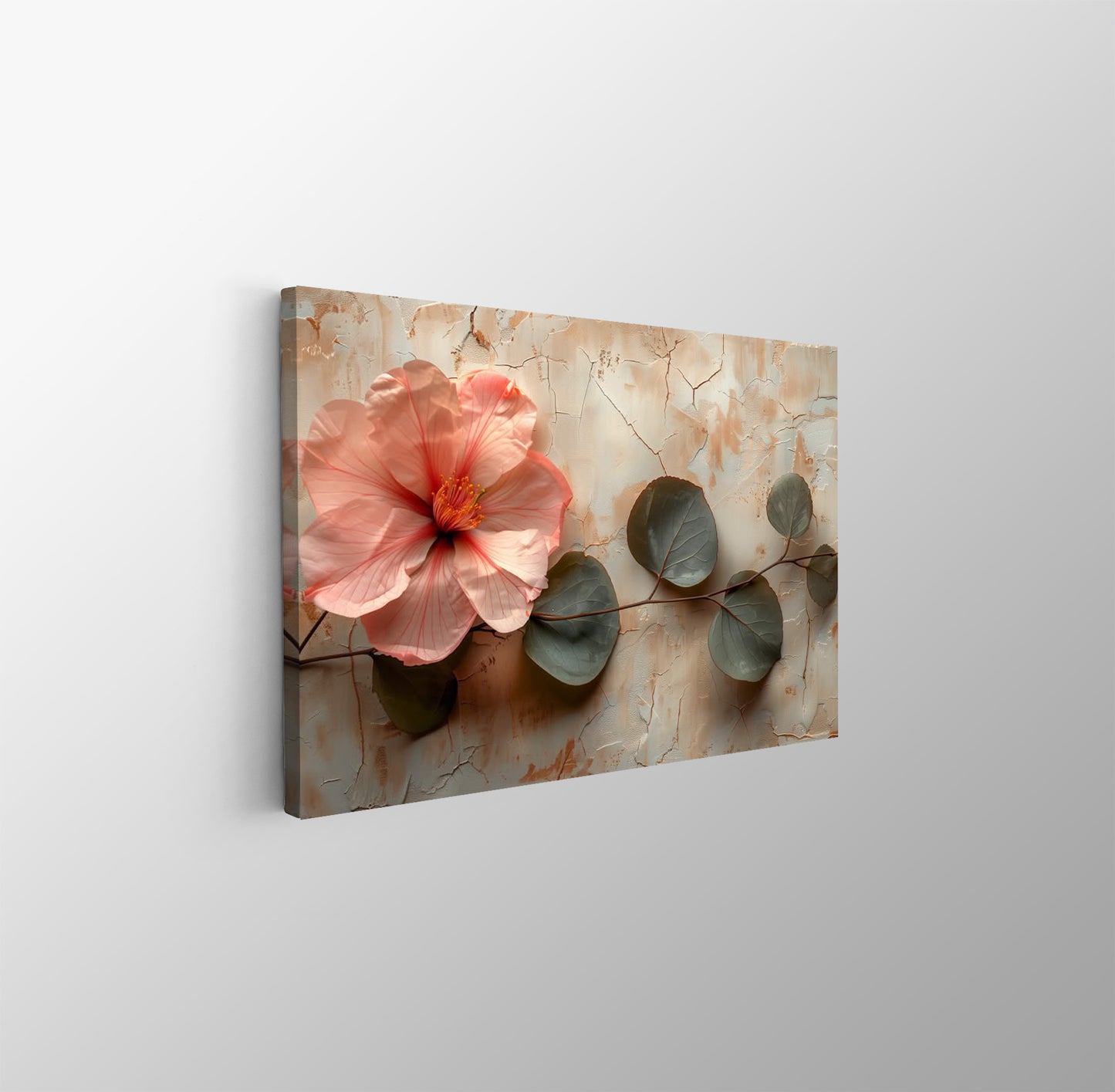 Tablou Canvas hibiscus roz si frunze verzi pe fundal rustic | The Print Studio