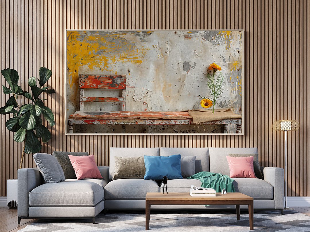 Tablou Canvas banca rustica inconjurata de flori vibrante | The Print Studio