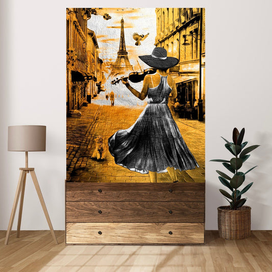 Tablou Canvas Black & Gold Parisian Dream cu Violonistă în Apus Elegant