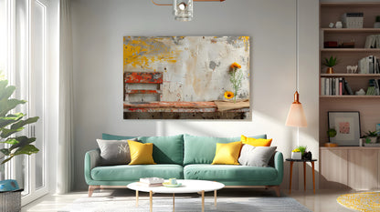 Tablou Canvas banca rustica inconjurata de flori vibrante | The Print Studio