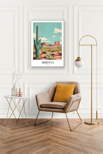 Tablou Canvas desert Arizona cu cactusi sub cer senin retro | The Print Studio