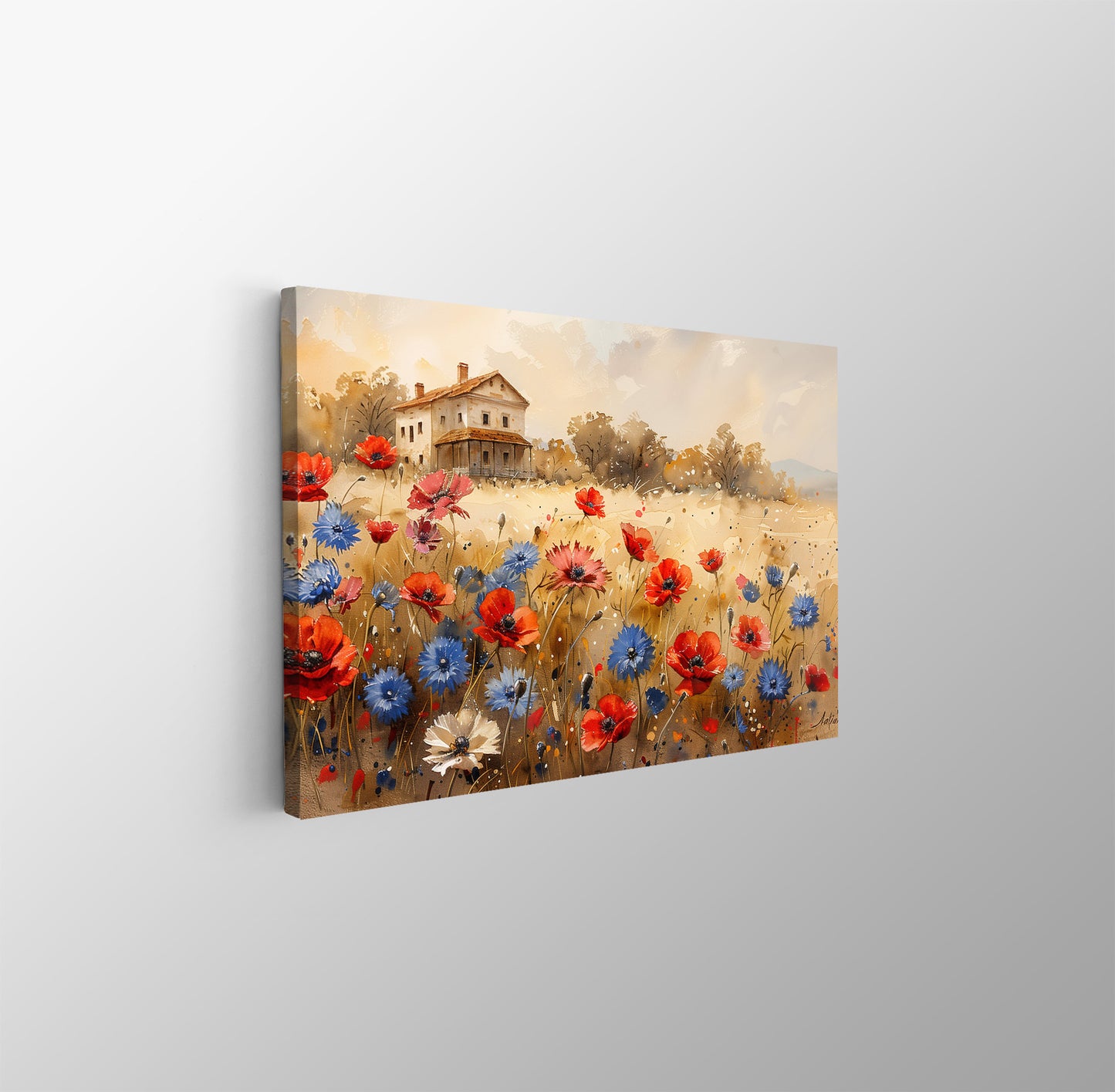 Tablou Canvas casuta rustica inconjurata de flori campestre | The Print Studio