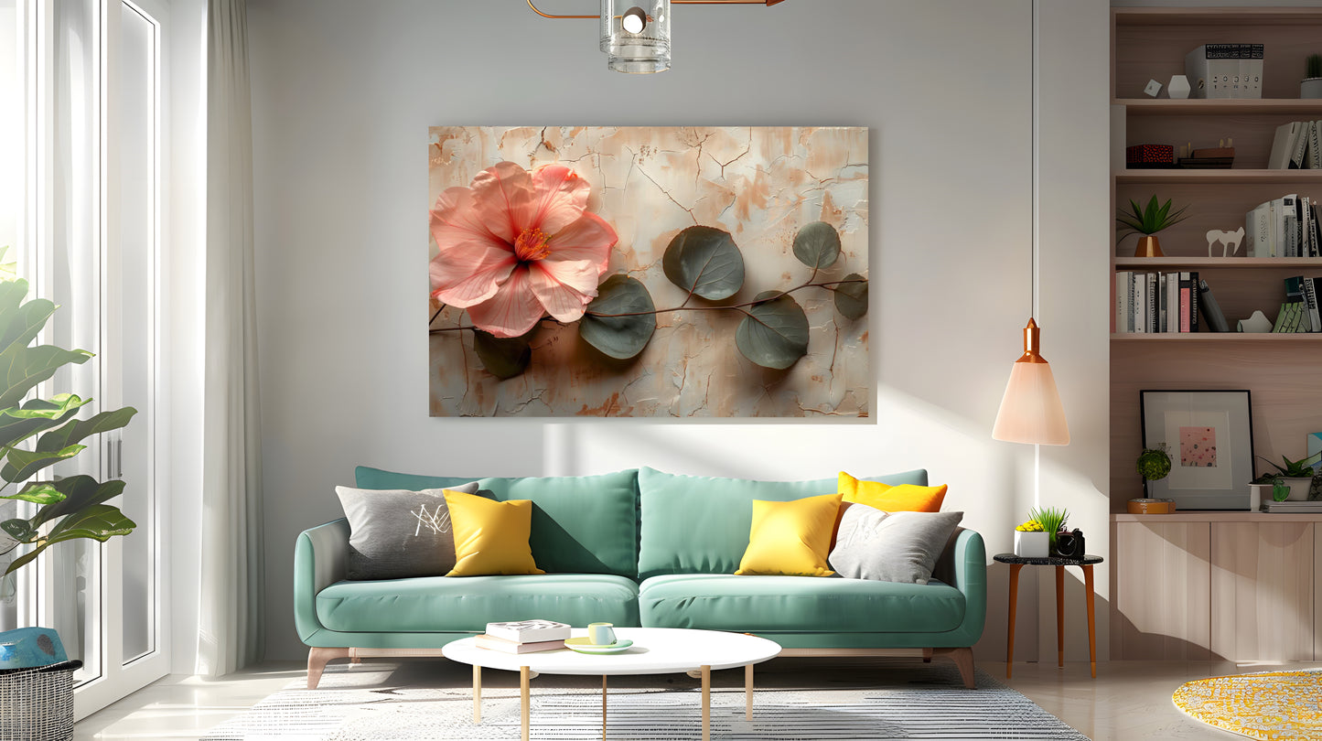 Tablou Canvas hibiscus roz si frunze verzi pe fundal rustic | The Print Studio