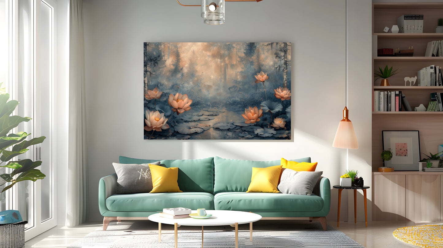 Tablou Canvas peisaj cu nuferi in apus romantic liniste calma | The Print Studio