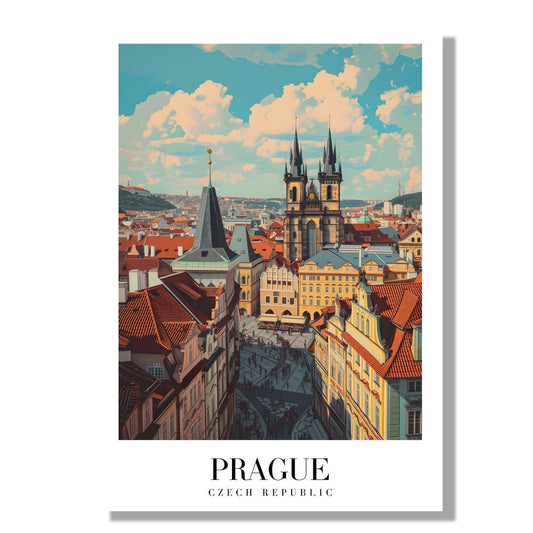 Tablou Canvas Print Praga turla inaltata peste acoperisuri colorate, stil vintage