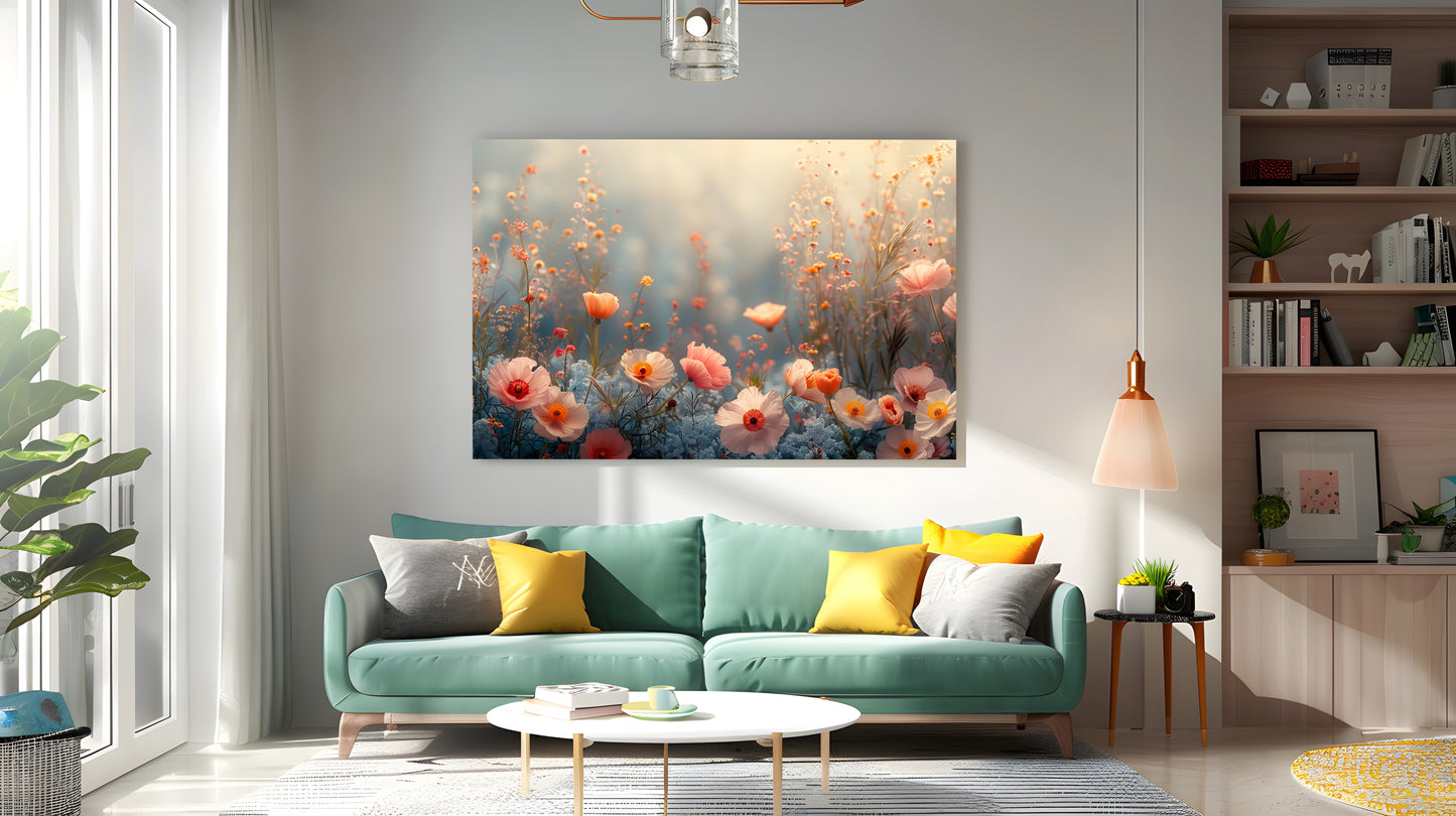 Tablou Canvas camp pastelat de flori intr-un peisaj realist | The Print Studio