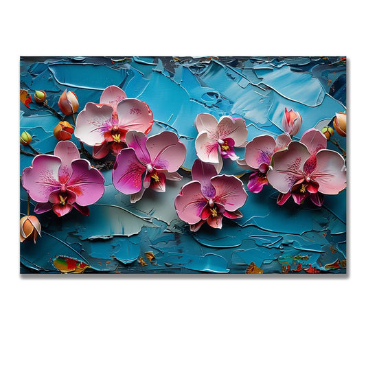 Tablou Canvas orhidee roz pe fundal albastru texturat | The Print Studio