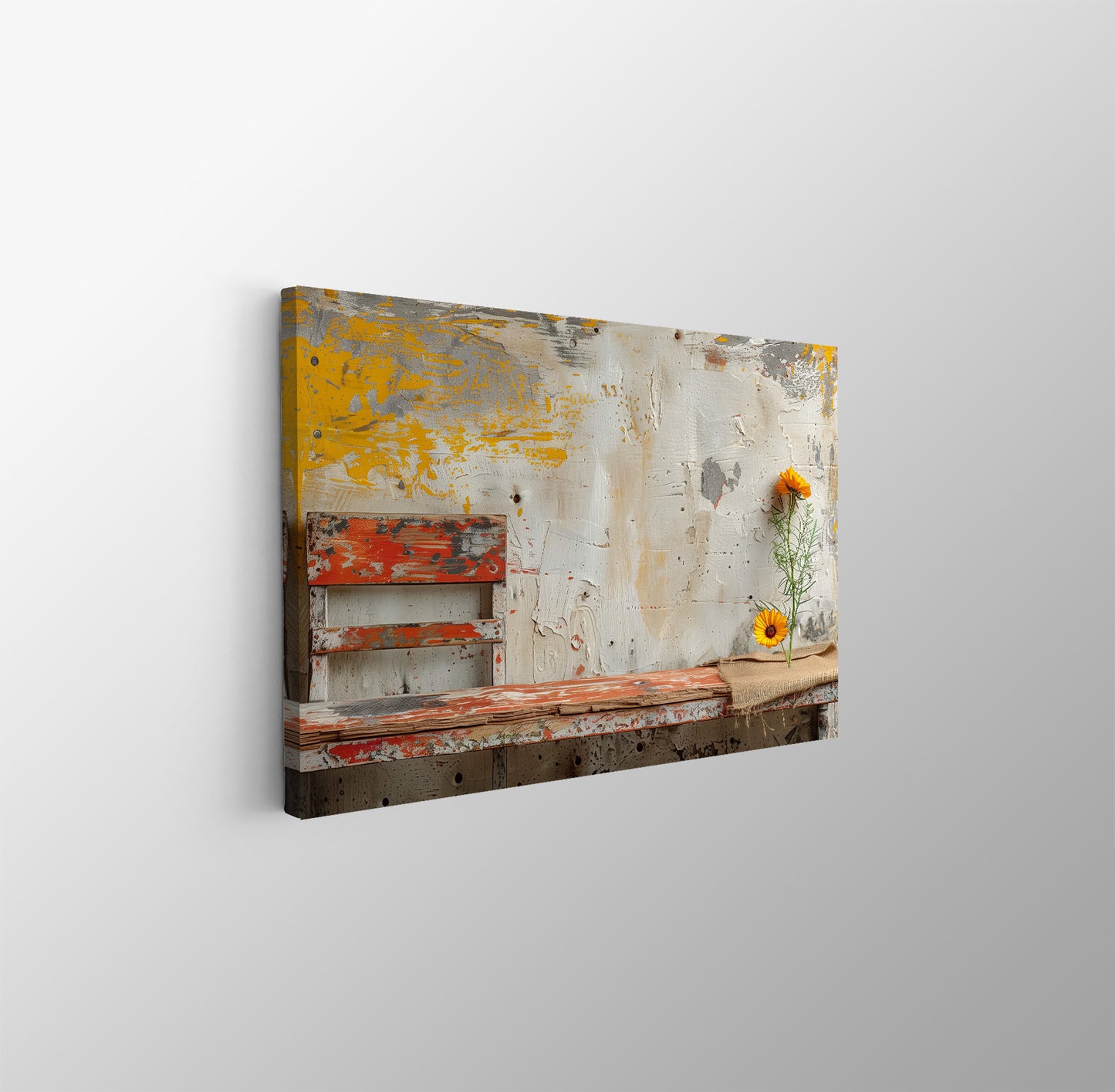 Tablou Canvas banca rustica inconjurata de flori vibrante | The Print Studio