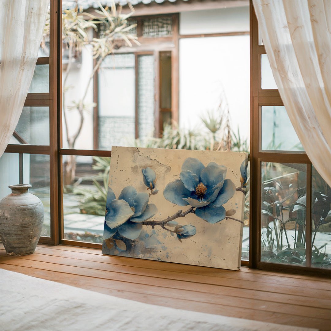 Tablou Canvas flori albastre magnolie pe ramuri in stil realist | The Print Studio