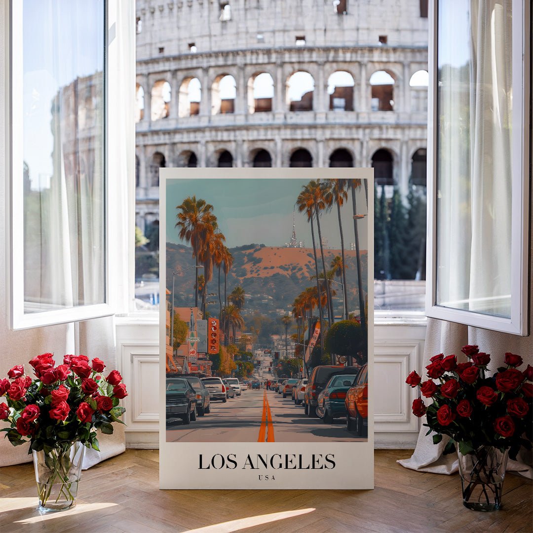 Tablou Canvas Los Angeles palmieri pe strada aglomerata retro | The Print Studio