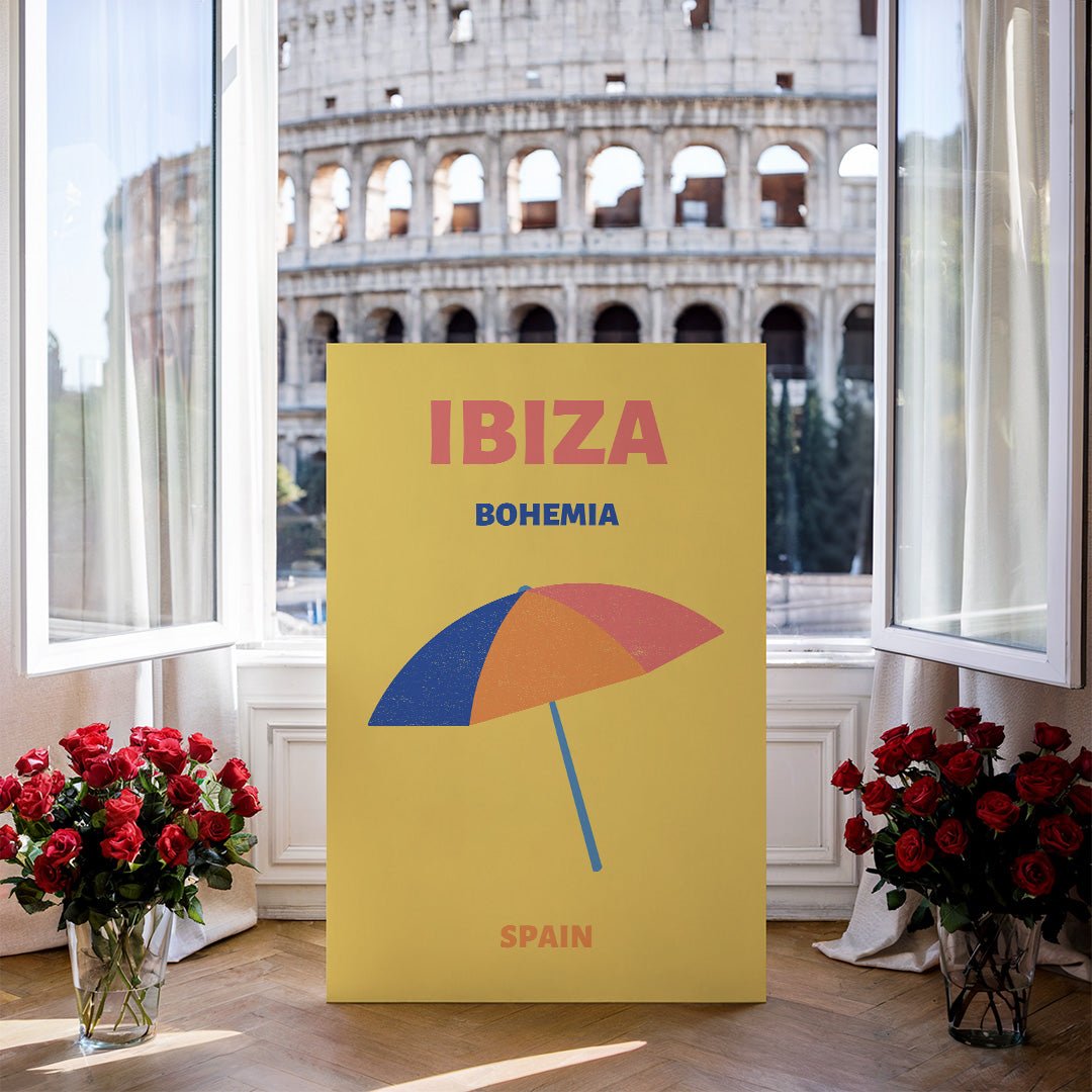 Tablou Canvas umbrela vintage colorata pe plaja din Ibiza | The Print Studio