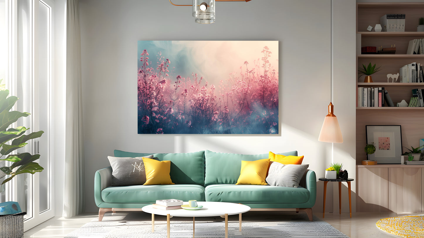Tablou Canvas camp pastel cu flori roz sub cer senin | The Print Studio