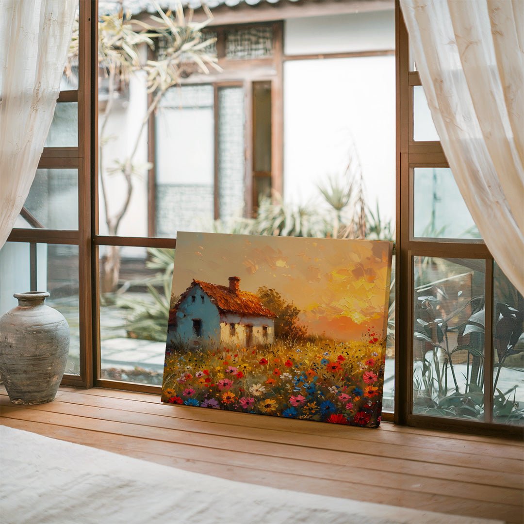 Tablou Canvas casuta rustica si camp de flori in lumina apusului | The Print Studio