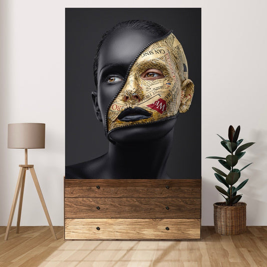 Tablou Canvas Black & Gold Portret Artistic Abstract cu Detalii de Ziare