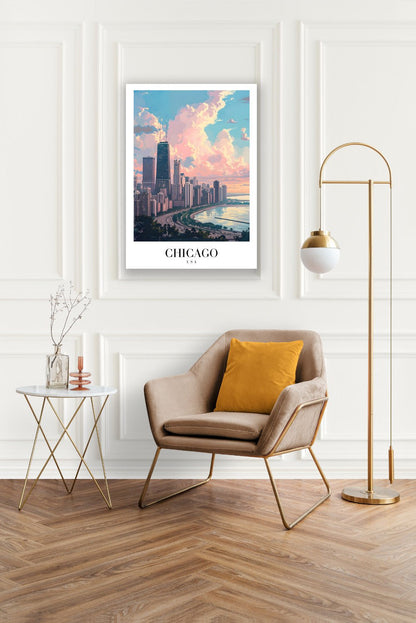 Tablou Canvas Print Chicago cer roz albastru sarut ceresc stil digital