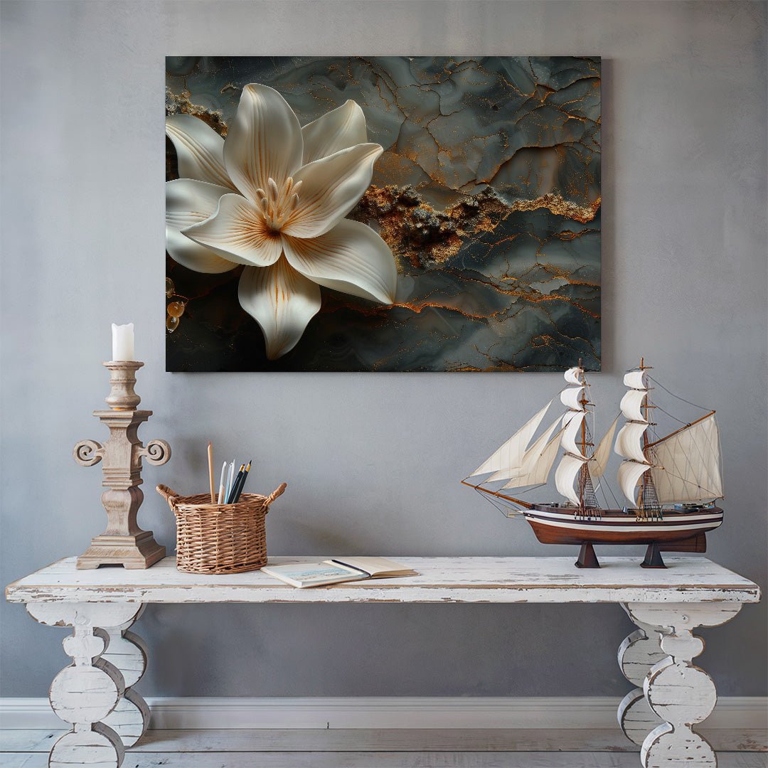 Tablou Canvas floare eleganta pe fundal abstract de marmura | The Print Studio