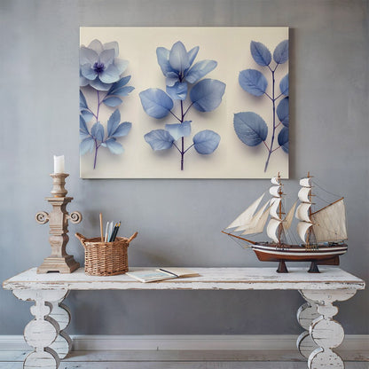 Tablou Canvas frunze albastre si flori delicate stilizate elegante | The Print Studio