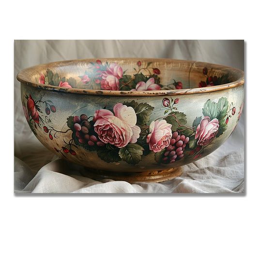 Tablou Canvas bol cu trandafiri si fructe vintage delicate | The Print Studio