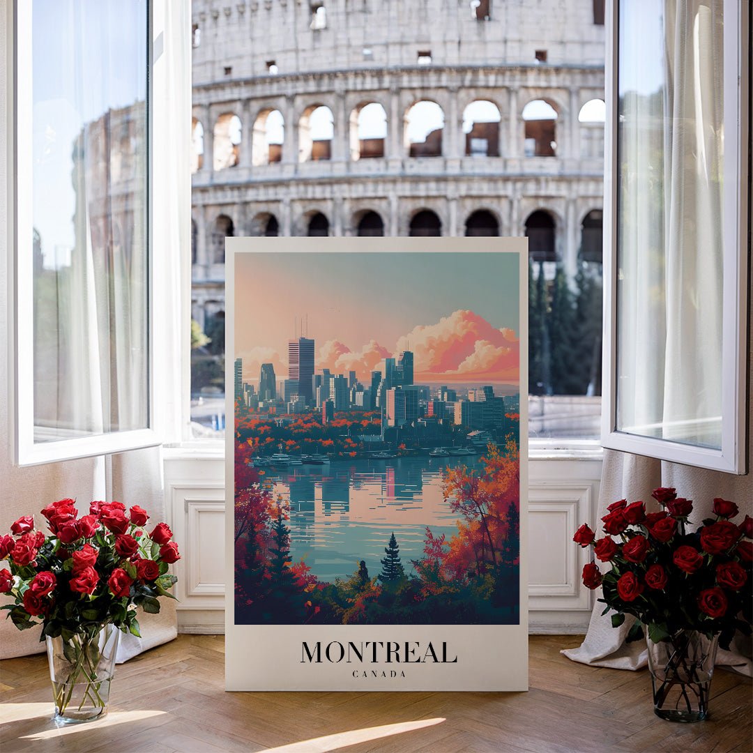 Tablou Canvas Print Montreal silueta urbana si cer roz, stil ilustrativ