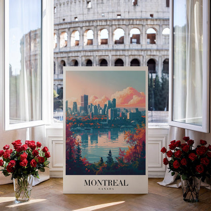 Tablou Canvas Print Montreal silueta urbana si cer roz, stil ilustrativ