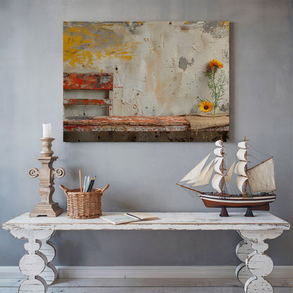 Tablou Canvas banca rustica inconjurata de flori vibrante | The Print Studio