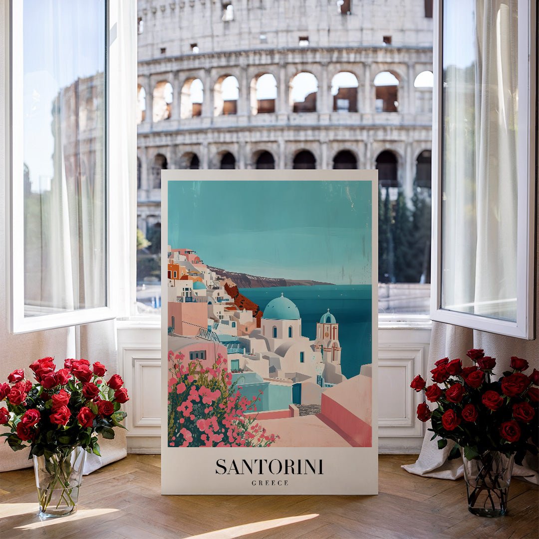 Tablou Canvas Santorini pastel cu mare albastra la orizont | The Print Studio