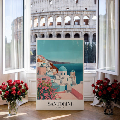 Tablou Canvas Santorini pastel cu mare albastra la orizont | The Print Studio